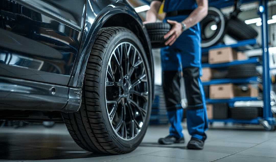 Male mechanic with car tire in auto store