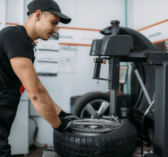 Mechanic fixing wheel on tire fitting machine
